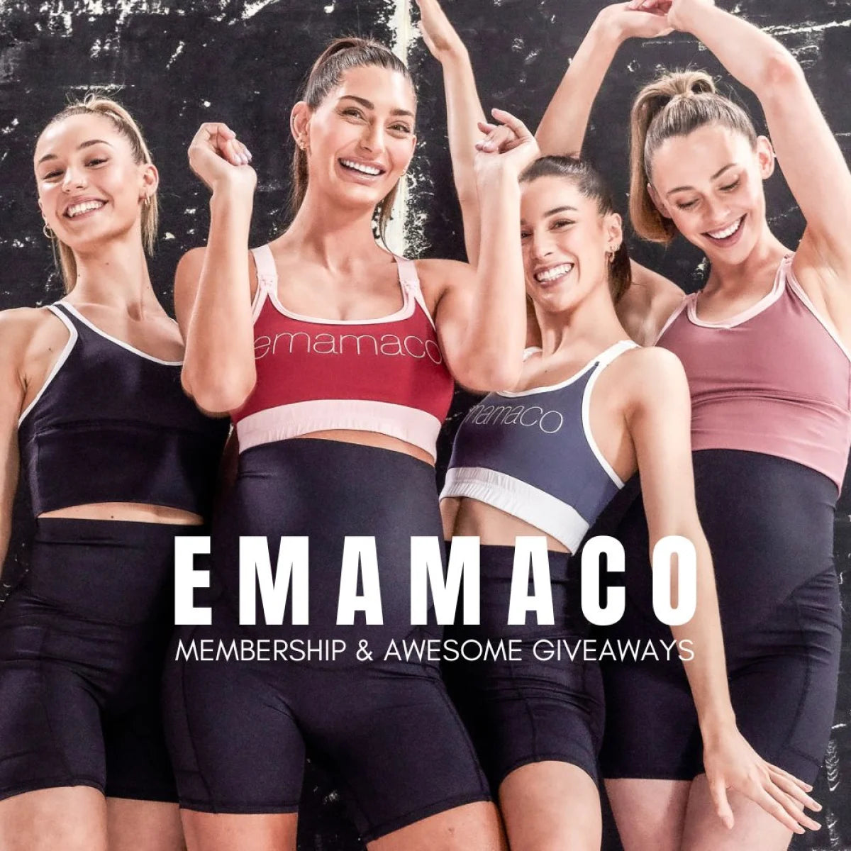Athletic wear advertisement featuring four people in Emamaco workout clothing